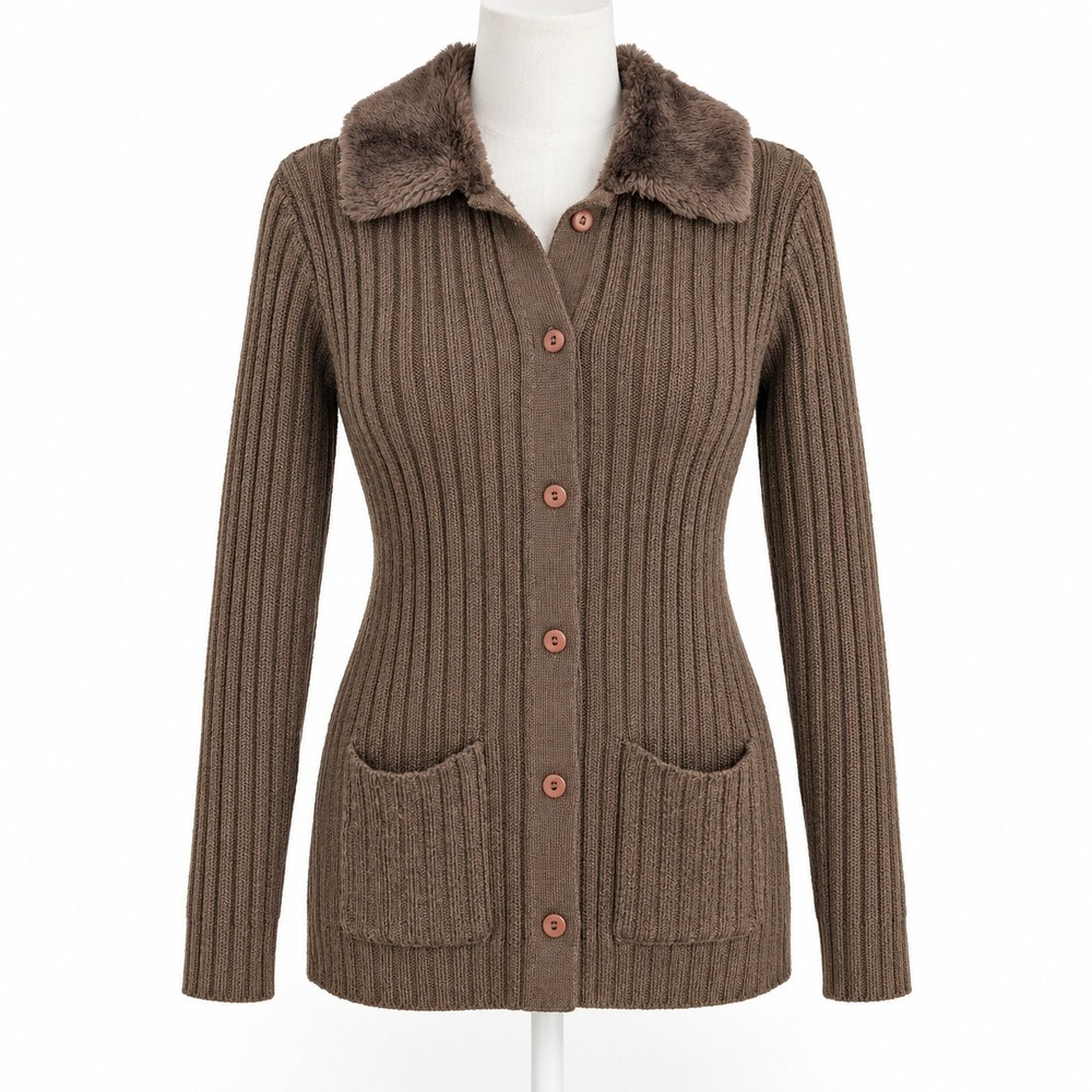 Vintage Y2K Express Tricot Wool Faux Fur Button Cardigan Size S Brown Indie Boho